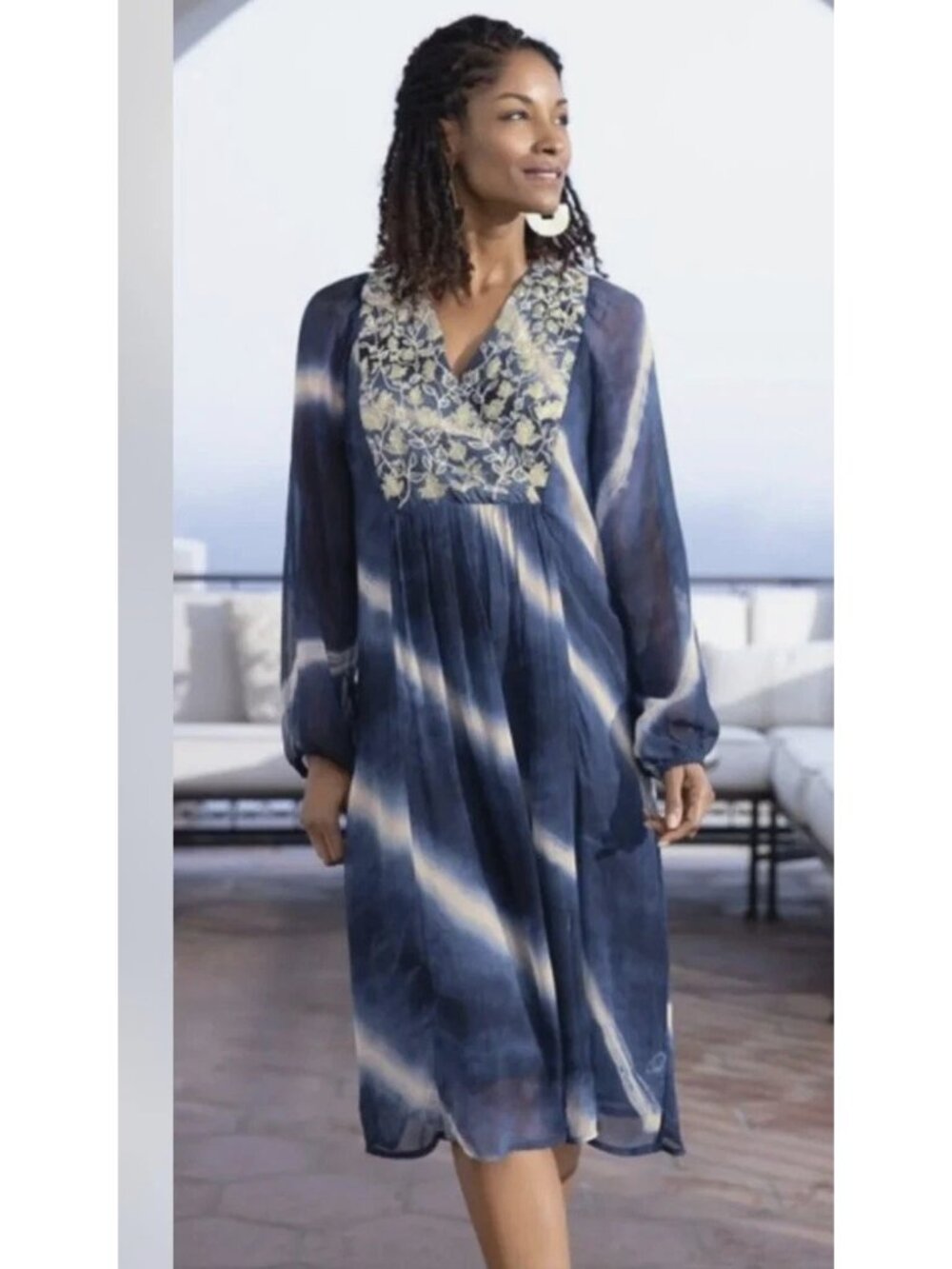 NEW Soft Surroundings Himalaya Dress Indigo Tie Dye Bohemian Sheer Long Sleeve L